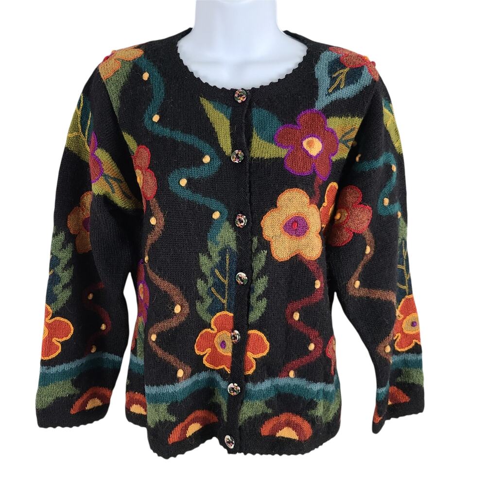 Alpaca's Best Handmade Cardigan Button Up Scalloped Hem Floral Black Small